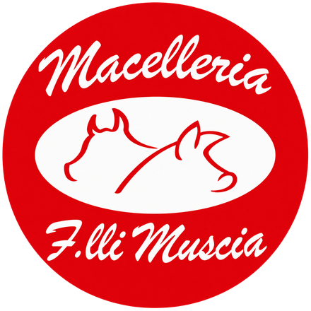 Logo circolare rosso con testo bianco “Macelleria F.lli Muscia” e sagoma di due tagli di carne
