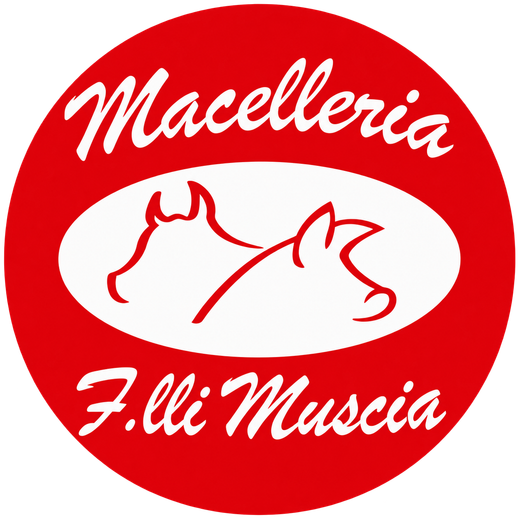 Logo circolare rosso con testo bianco “Macelleria F.lli Muscia” e sagoma di due tagli di carne