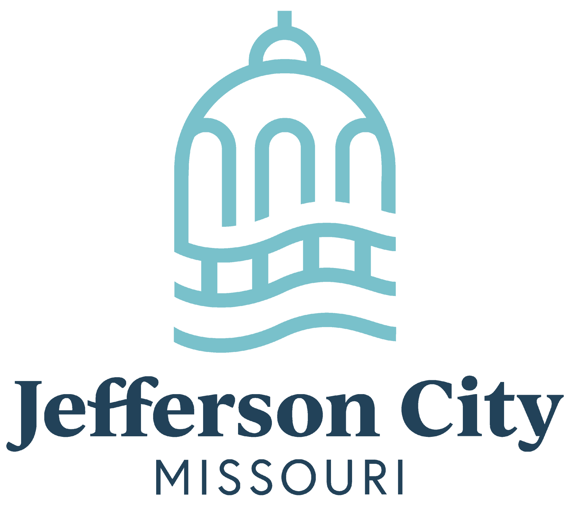 Jefferson City, Missouri logo with teal capitol dome icon and dark blue text