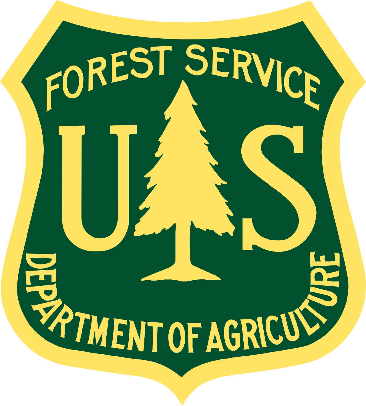 U.S. Forest Service shield logo in green, gold, and white with a pine tree and USDA text