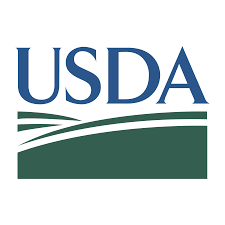 USDA logo with blue letters above green curved fields