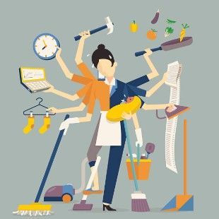 Woman with multiple arms, multitasking: cooking, cleaning, working, and holding a baby.