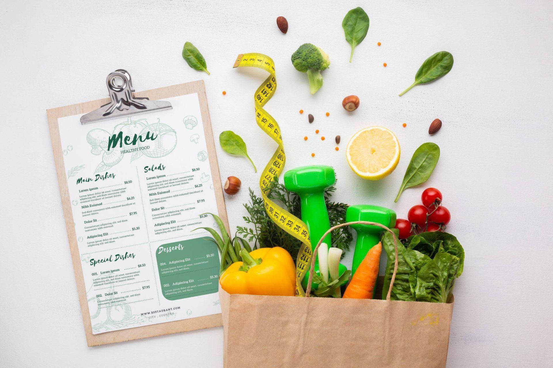 A bag filled with vegetables and dumbbells next to a menu.