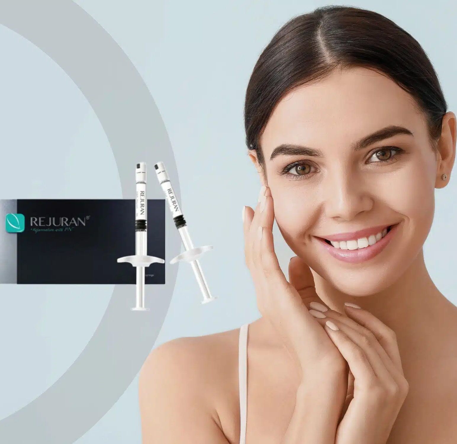 Rejuran PDRN skin booster box and syringes beside a smiling woman