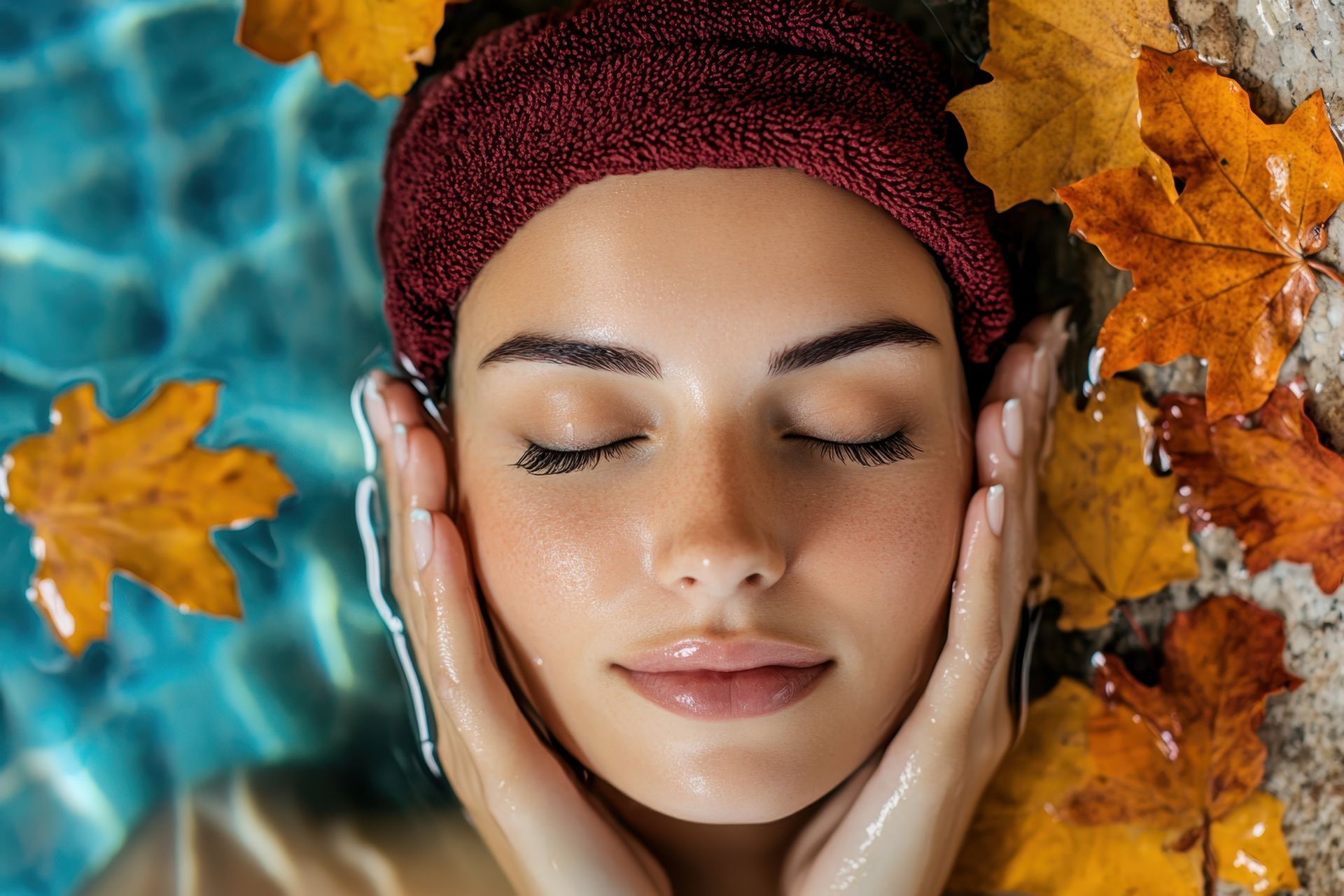 Woman relaxing in water surrounded by autumn leaves after a skin rejuvenation treatment