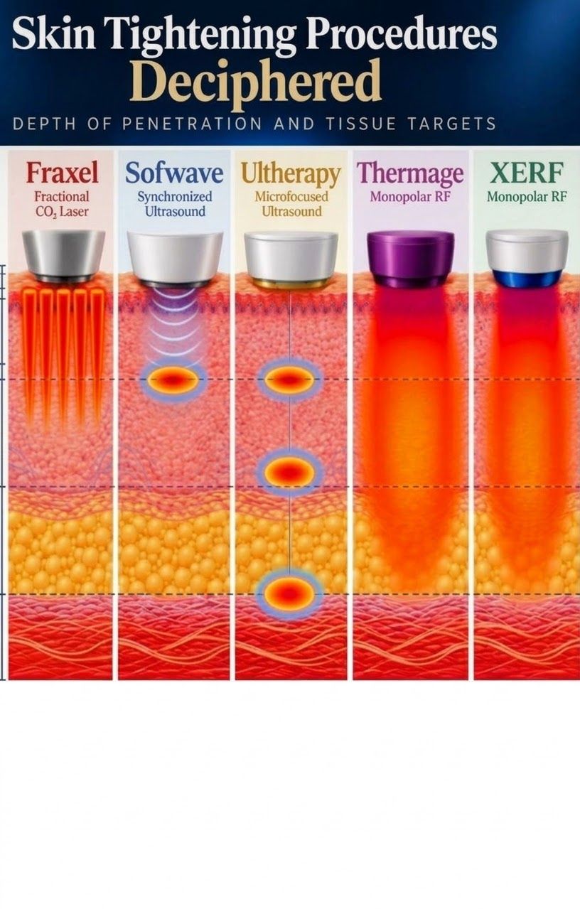 Skin tightening procedures deciphered: depth of penetration and tissue targets for Fraxel CO2 laser, Sofwave, Ultherapy, Thermage, and XERF
