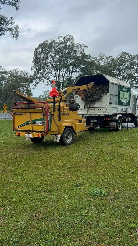 A Tree Chipper Is Parked Next to A Truck in A Grassy Field — Hinterland Tree & Stump Removal in Palmview, QLD