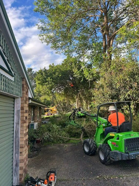 A Man Is Driving a Green Tractor in A Driveway Next to A House — Hinterland Tree & Stump Removal in Palmview, QLD