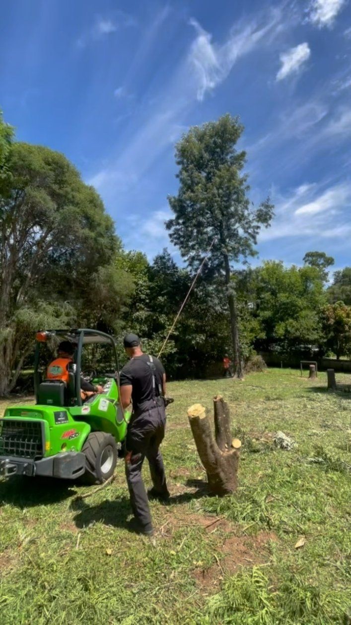 A Man Is Standing Next to A Green Tractor in A Grassy Field — Hinterland Tree & Stump Removal in Maroochydore, QLD