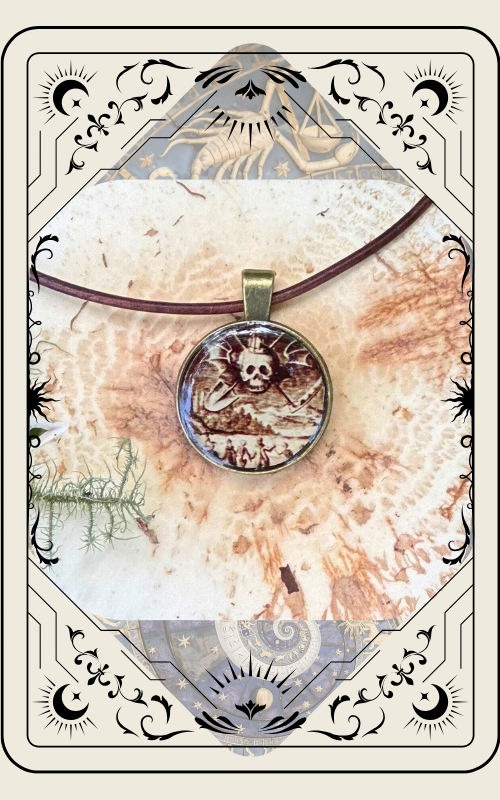 Necklace with skull pendant on a brown cord against a textured background.