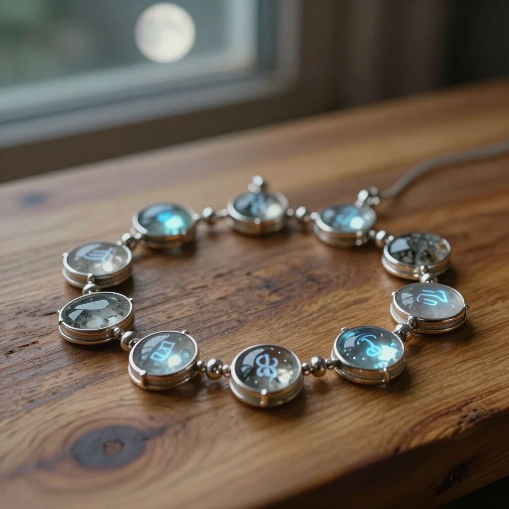A circular necklace with glowing blue charms on a wooden surface, near a window.