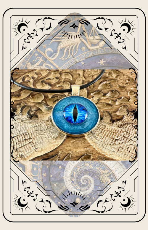 Blue eye pendant on a black cord, set on carved wood. Decorative card frame.
