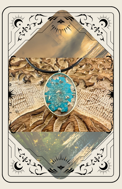 Oval pendant with turquoise stone, on a black cord, against a carved wooden background, in a decorative frame.