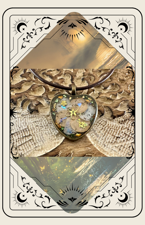 Heart-shaped pendant necklace with colorful accents on a leather cord, set against a textured background.
