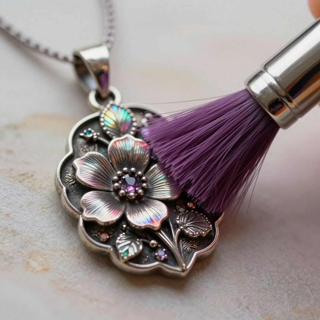 Silver floral pendant being cleaned with a purple brush.