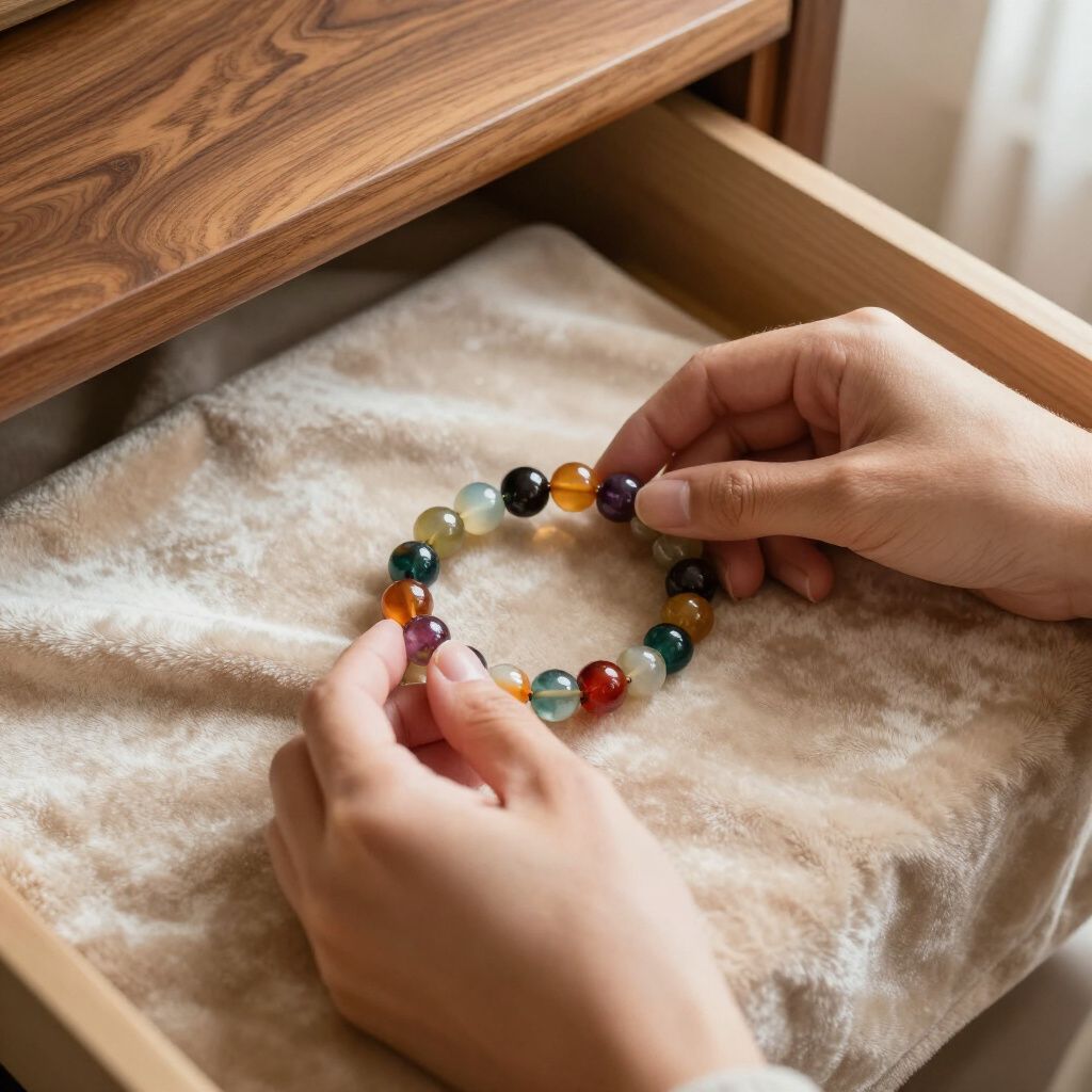 Hands holding a colorful beaded bracelet in an open drawer lined with soft fabric.