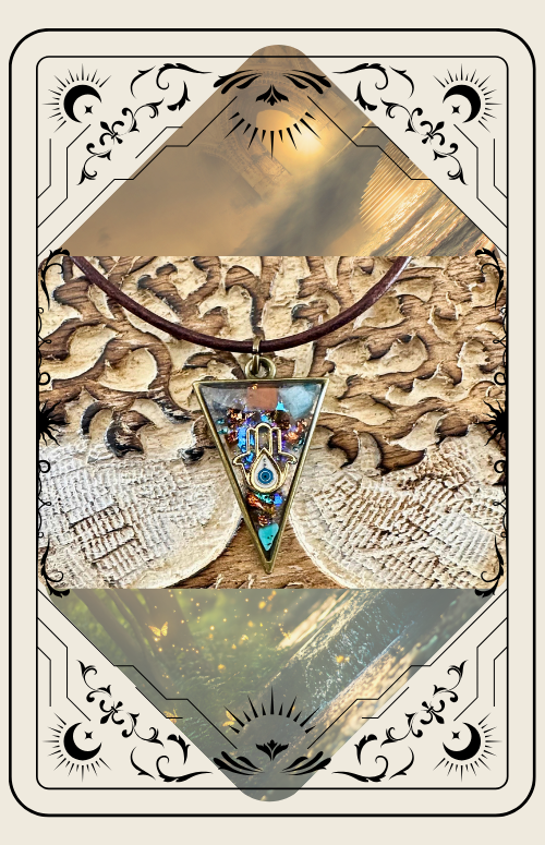 A triangular pendant with colorful stones, brown necklace, on textured brown background.