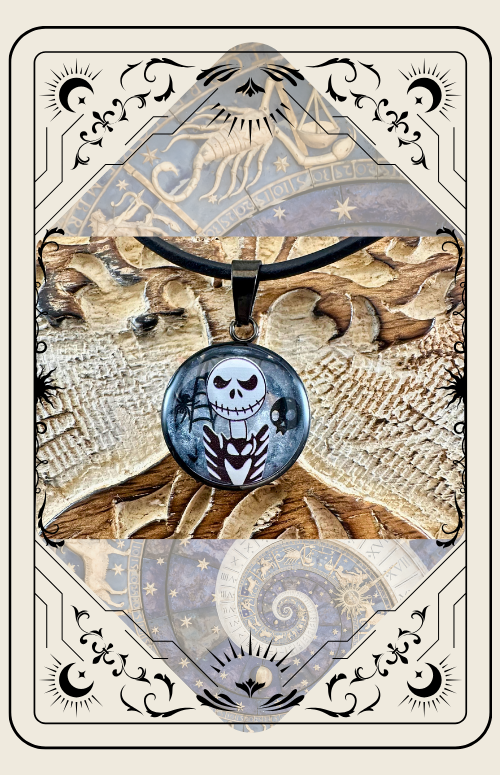 Jack Skellington pendant necklace on a decorative backdrop within a tarot card border.