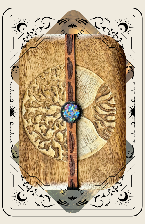 Tarot card design. Round pendant with crescent moon and stars, layered on textured backdrop.