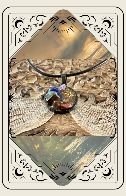 Orgonite pendant necklace with colored crystals against a wood and sunlit beach background.