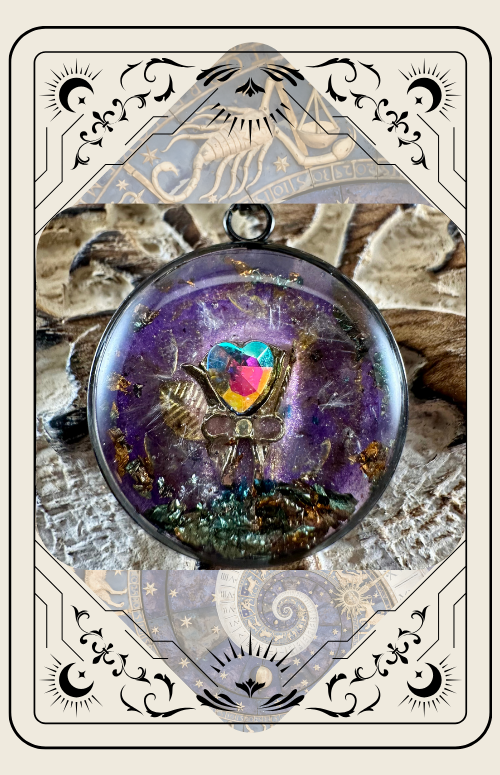 Purple gem pendant necklace against ornate background; tarot card border.