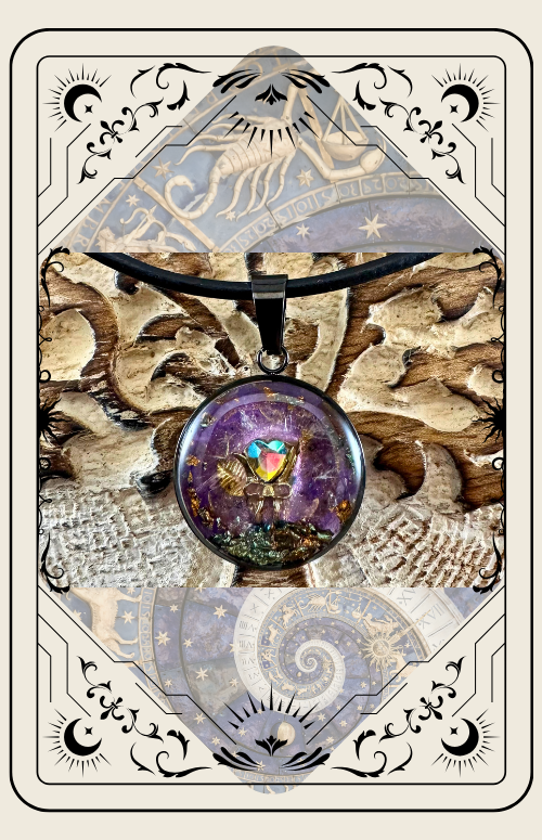 Purple gem pendant necklace against ornate background; tarot card border.
