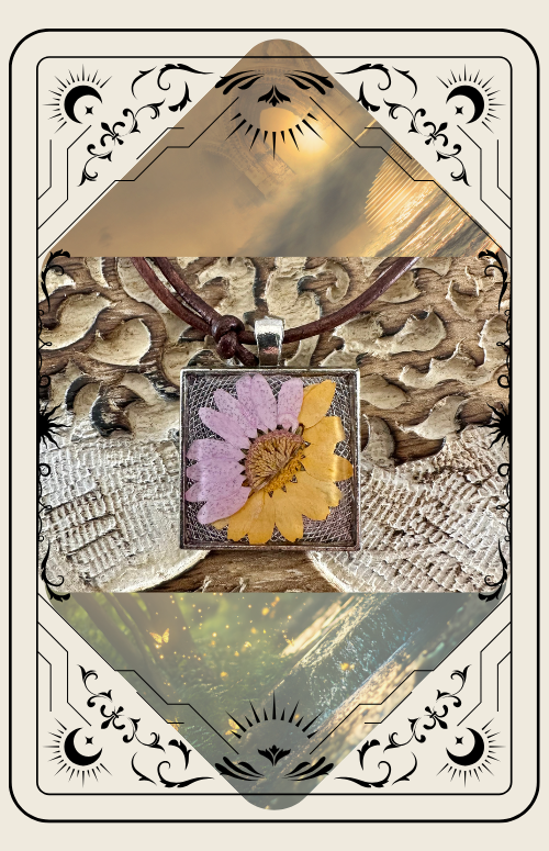 Square pendant necklace with pressed yellow and pink flower, set against textured background.