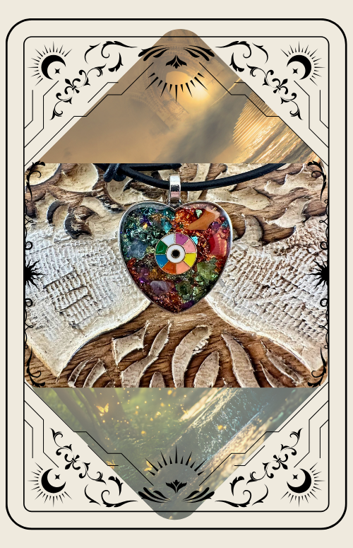 Heart-shaped pendant with rainbow colors, on a carved surface. Framed with an ornate border.