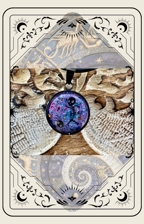 Necklace with cartoon character pendant on a textured background within a decorative border.