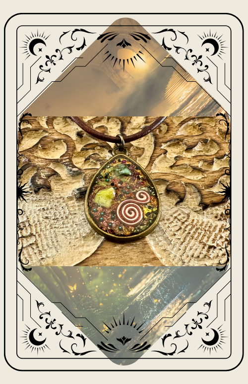 Orgone pendant necklace with resin and crystals, against a textured background, set in decorative frame.