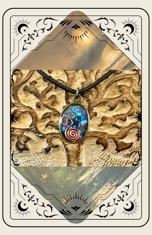 Oval pendant on a black cord, set against a carved tree design. Blue and copper details.
