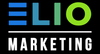 ELIO Marketing logo with blue, teal, and green text on black background
