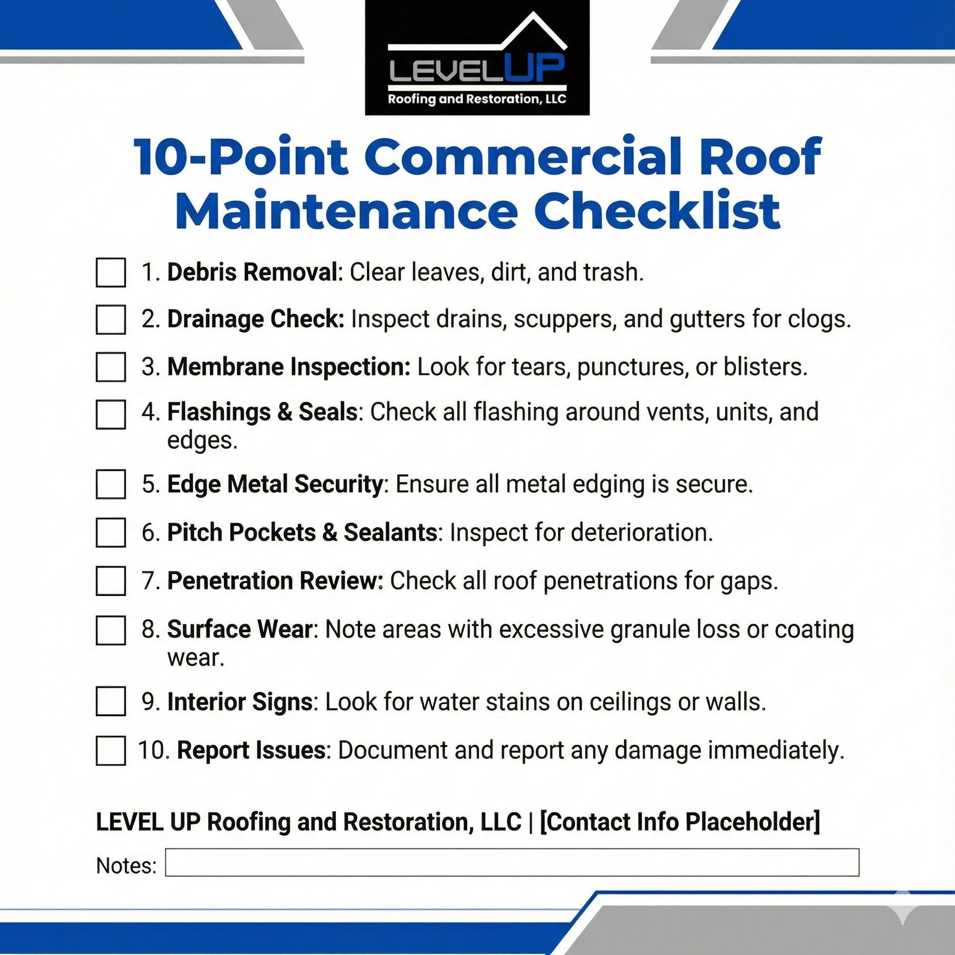 10-point commercial roof maintenance checklist poster with blue and white design and Level Up Roofing logo