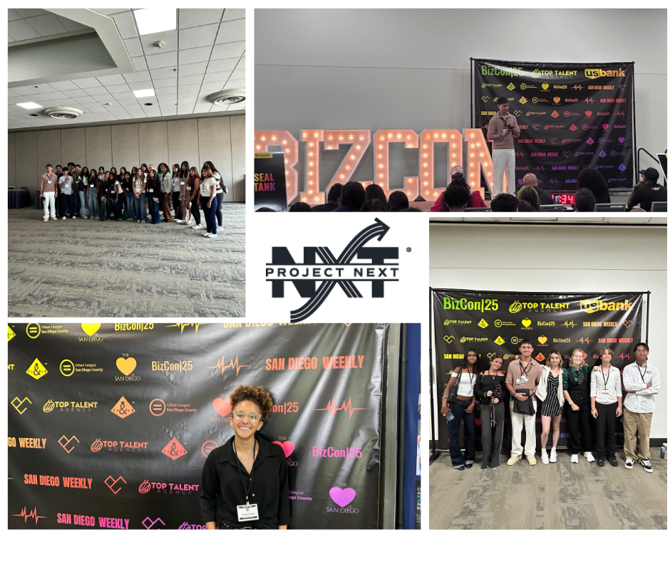 Photos from Bizcon: Large group of people, presenter on a stage, sponsor banners, Project NXT logo.