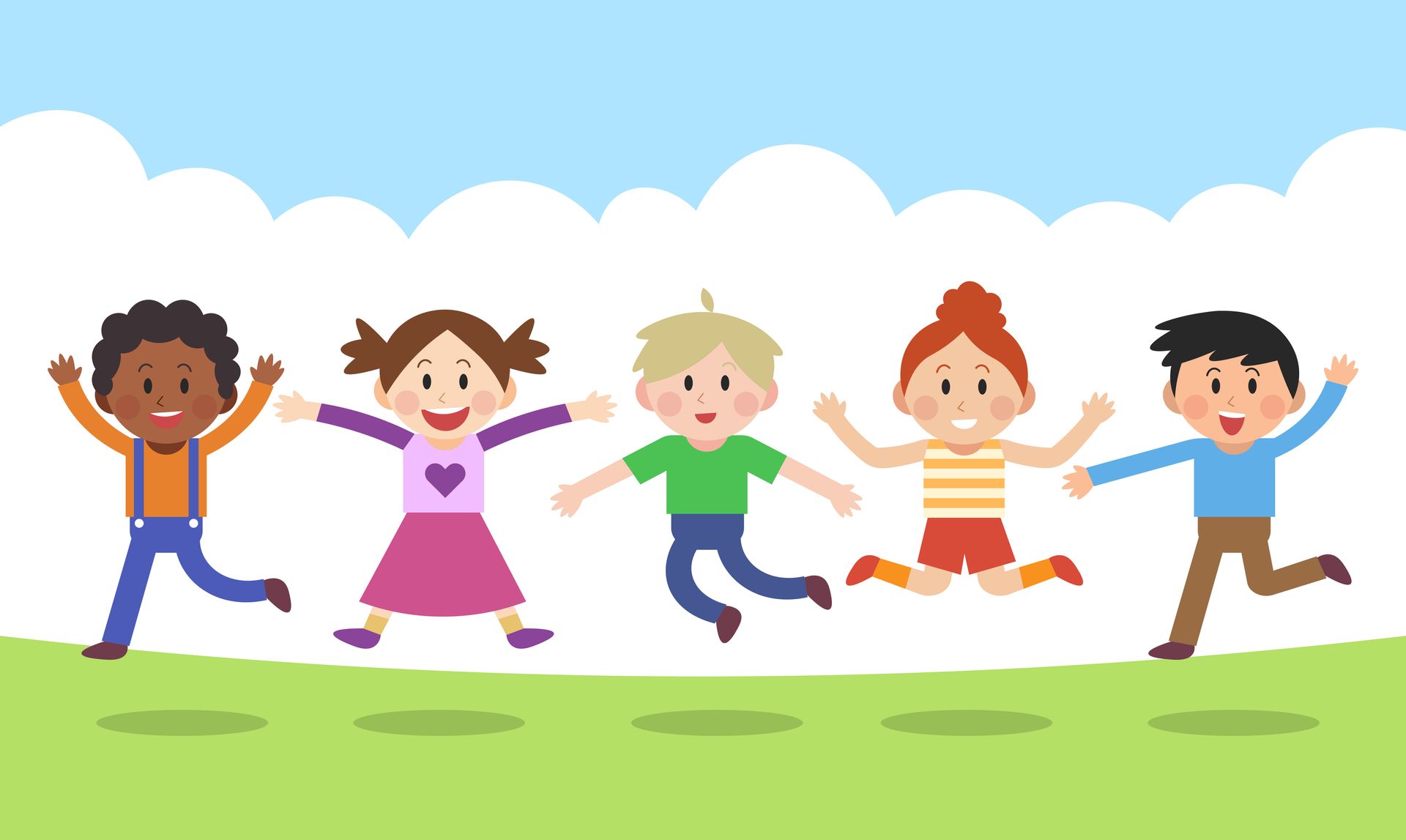 Cartoon children smiling, running through field.