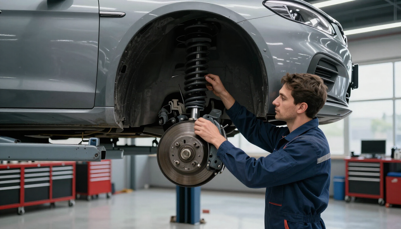Mecánico inspeccionando la rueda y el sistema de frenos expuestos de un coche plateado en un taller de reparación.