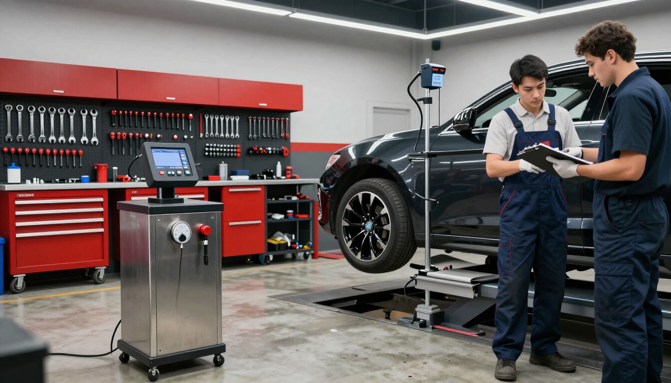 Taller de reparación de automóviles con dos mecánicos revisando un coche junto a armarios de herramientas