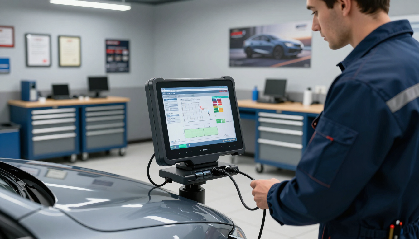 Mecánico utilizando una tableta de diagnóstico sobre el capó de un coche en un taller de reparación de automóviles.