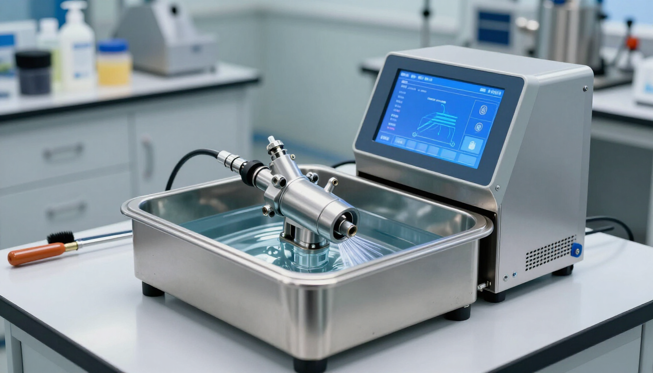 Dispositivo de laboratorio con pantalla táctil azul junto a una bandeja metálica con líquido sobre una mesa de laboratorio.