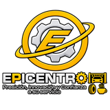 Epicentro logo with yellow gear and orbit ring, plus tagline “Precisión, Innovación y Confianza a su servicio”