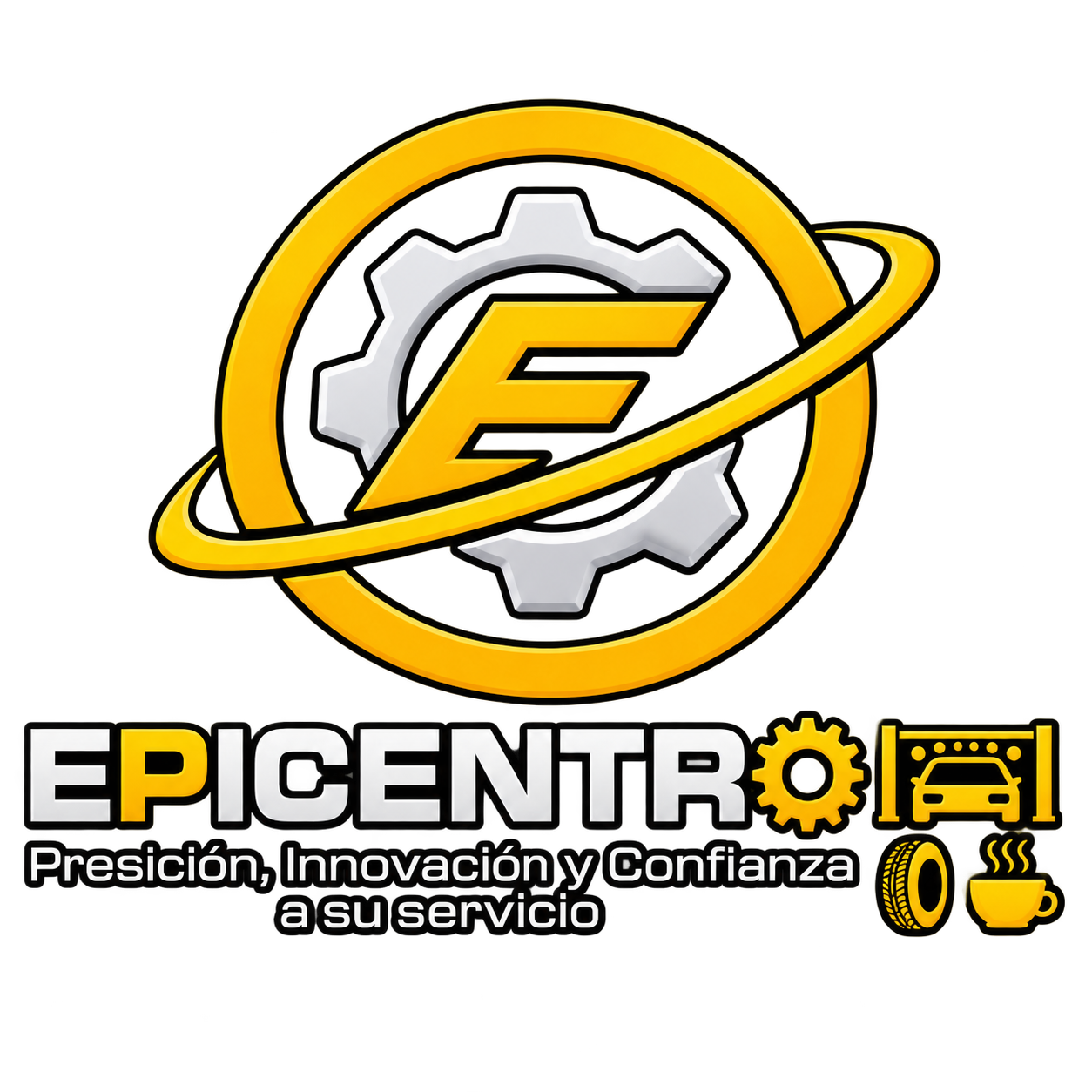 Epicentro logo with yellow gear and orbit ring, plus tagline “Precisión, Innovación y Confianza a su servicio”
