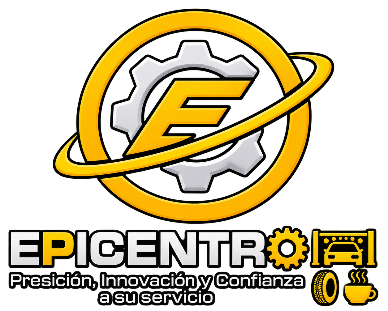 Epicentro logo with yellow gear and ring, plus slogan “Precisión, Innovación, Confianza a su servicio”