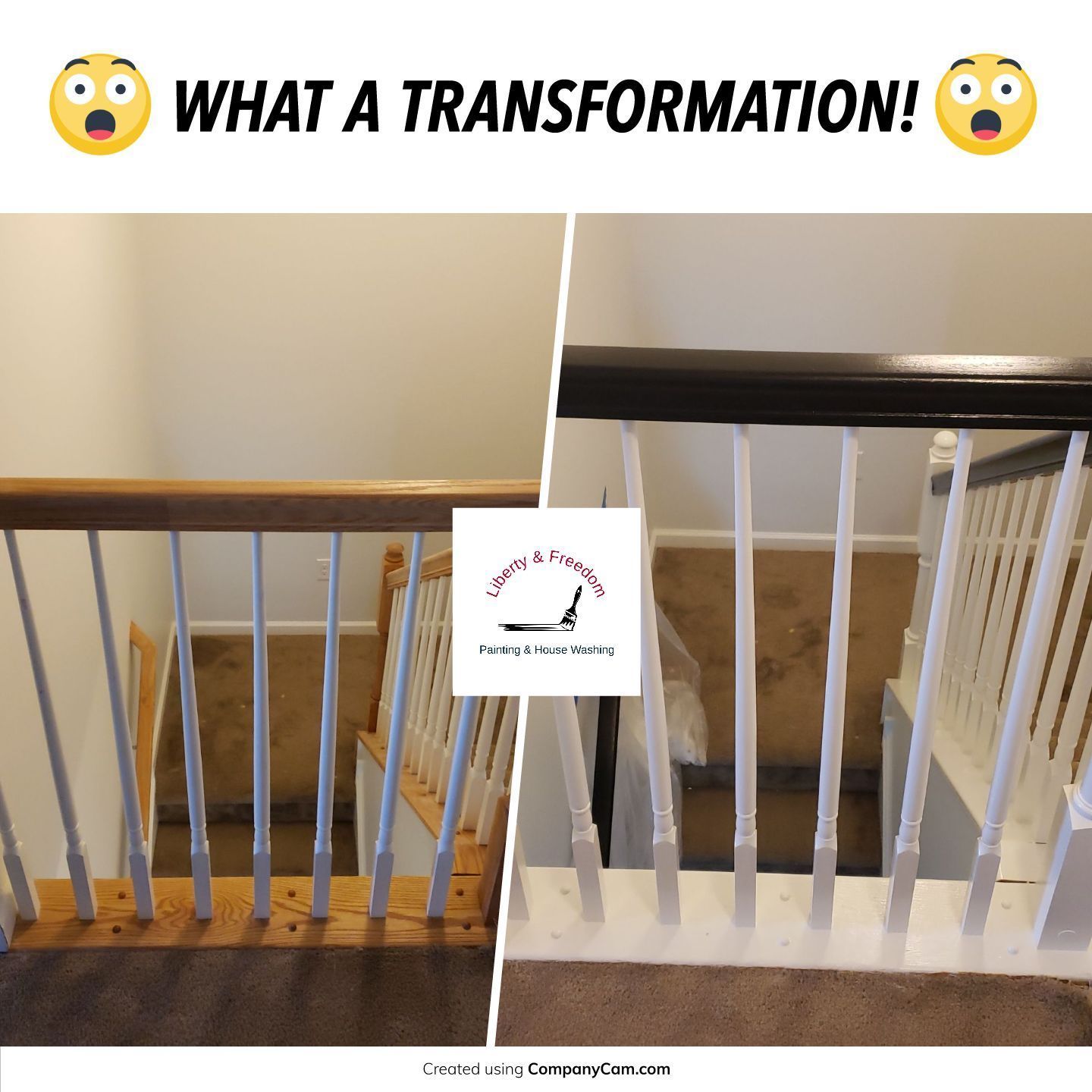 Before and after of upstairs hallway railing painted black and white – interior painting project in Gilbertsville, PA by Liberty & Freedom Painting.