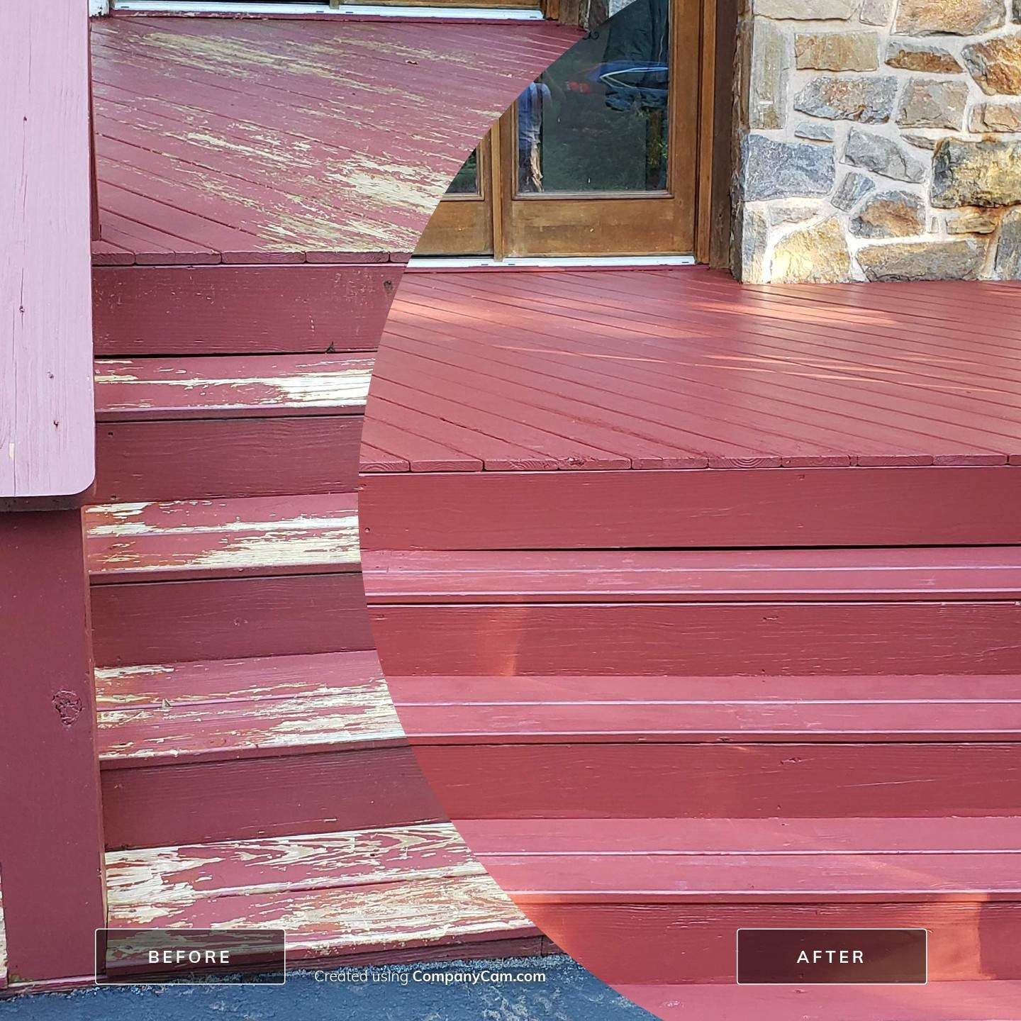 Before and after of red-stained front porch deck – restored and refinished in Montgomery County, PA by Liberty & Freedom Painting.