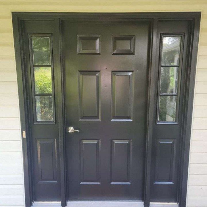 Exterior Painting of House with Dark Grey Doors and Off white color walls with siding