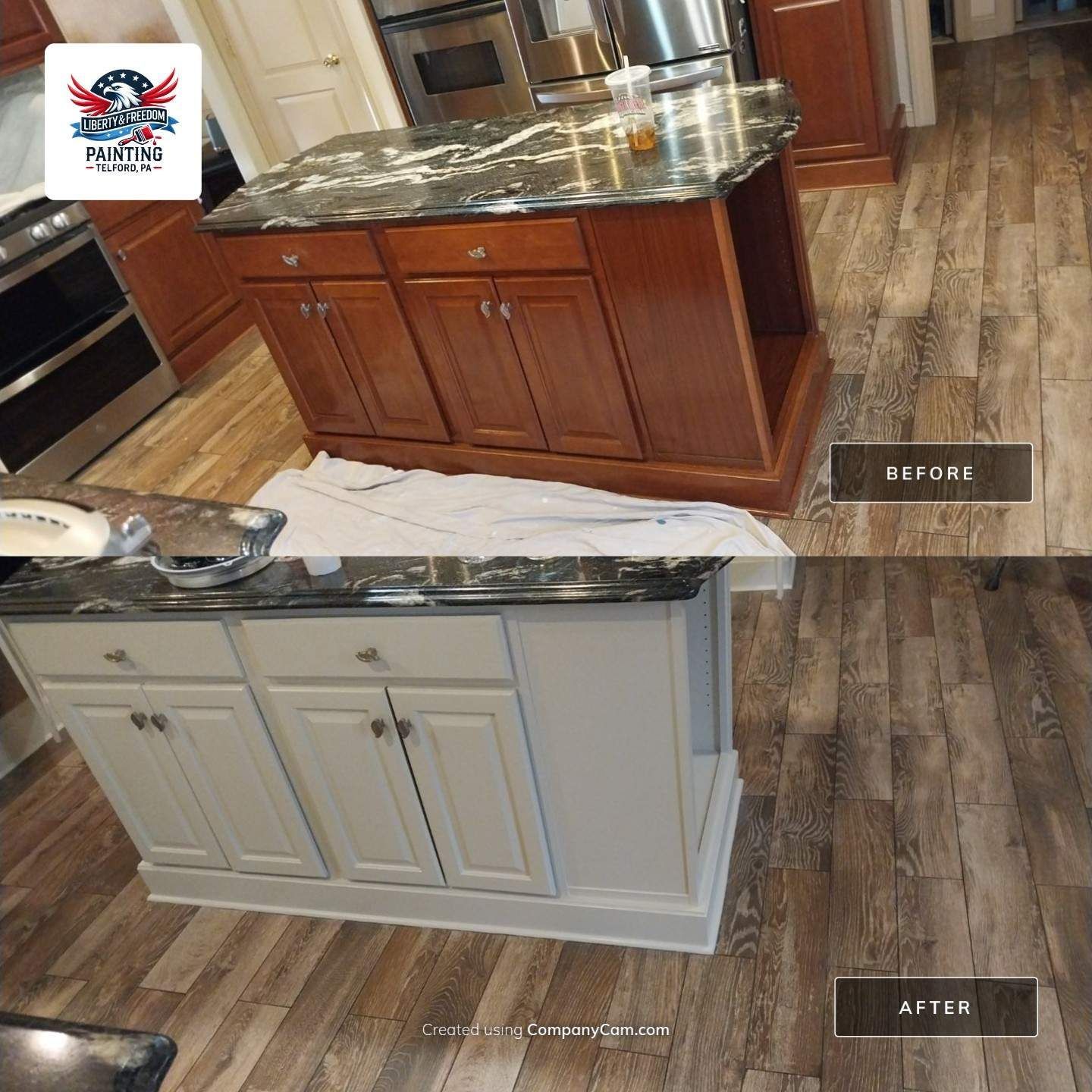 Before and after of kitchen island cabinet refinished from stained wood to smooth white – cabinet painting project in Macungie, PA by Liberty & Freedom Painting.
