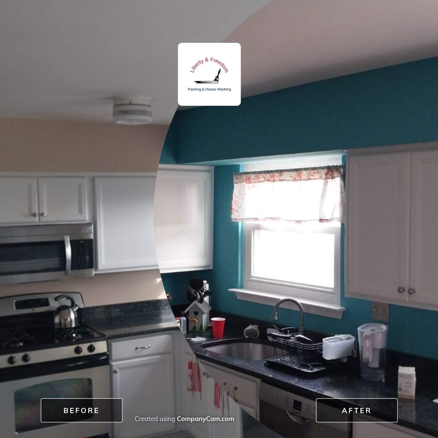 Before and after of a kitchen in Hatfield, PA, with walls transformed from gray to turquoise, creating a vibrant and refreshed look.