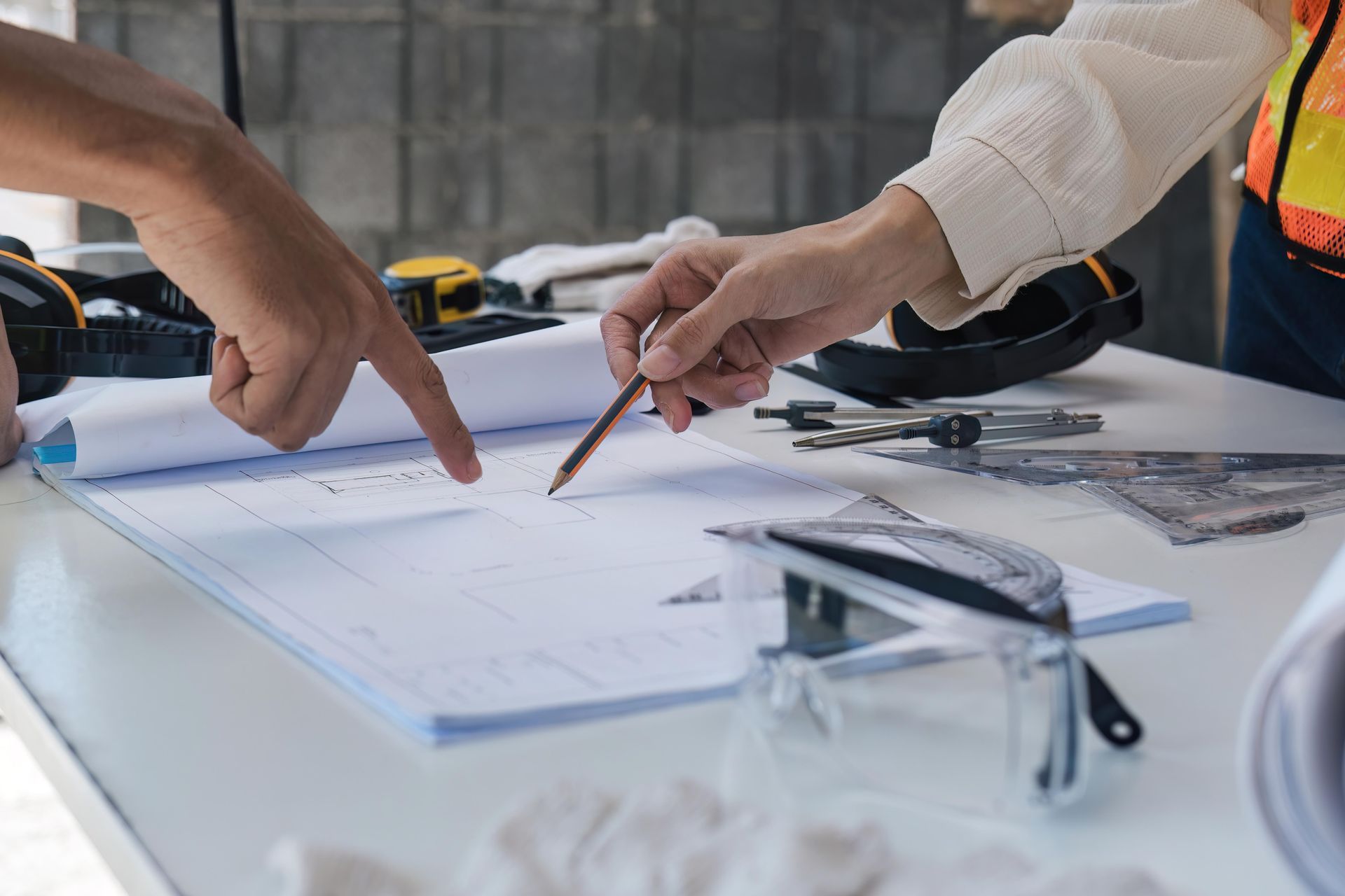 Two people wearing high-visibility vests work together, pointing at and reviewing construction blueprints on a desk.