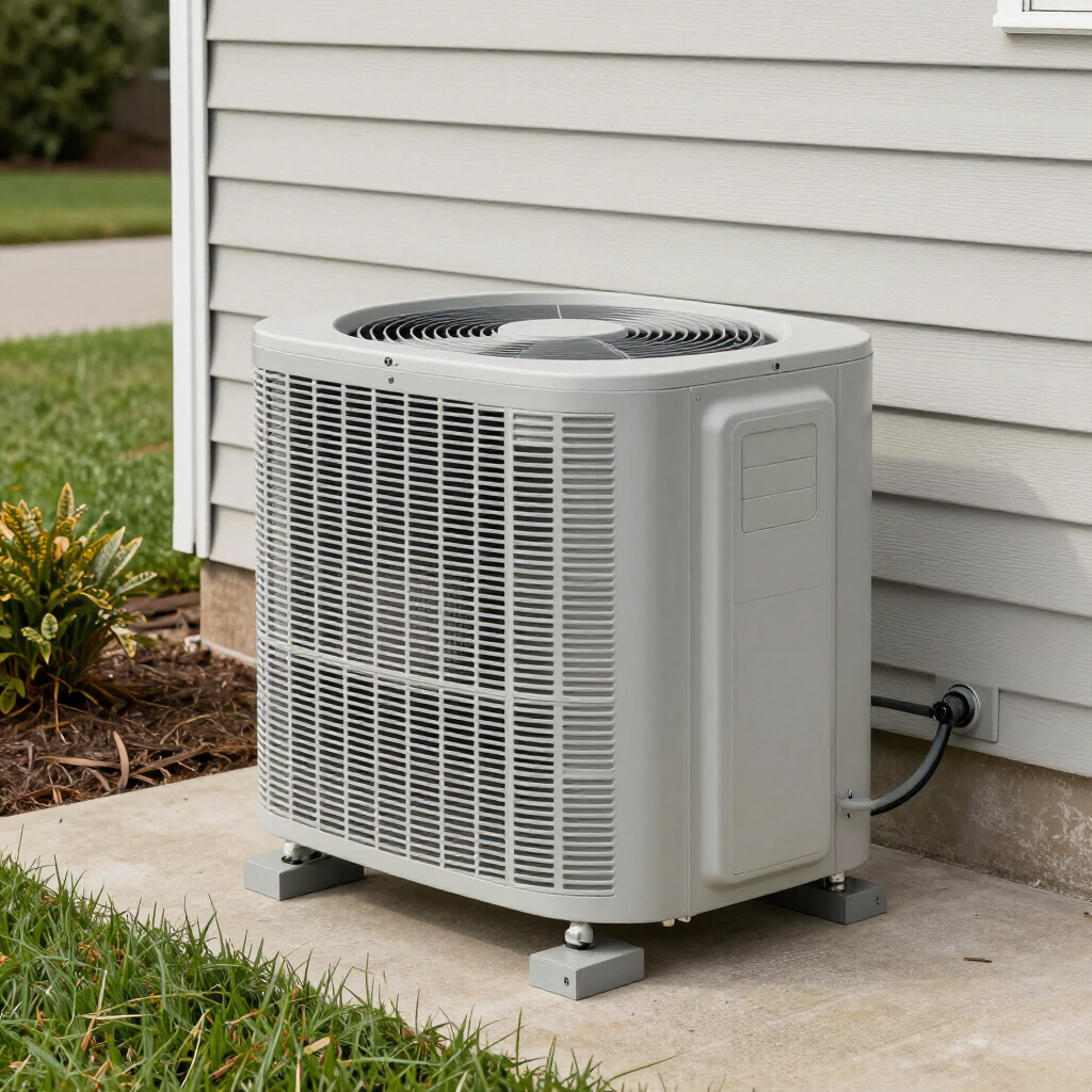 Outdoor air conditioning unit beside a house on a concrete pad, with gray siding and grass nearby