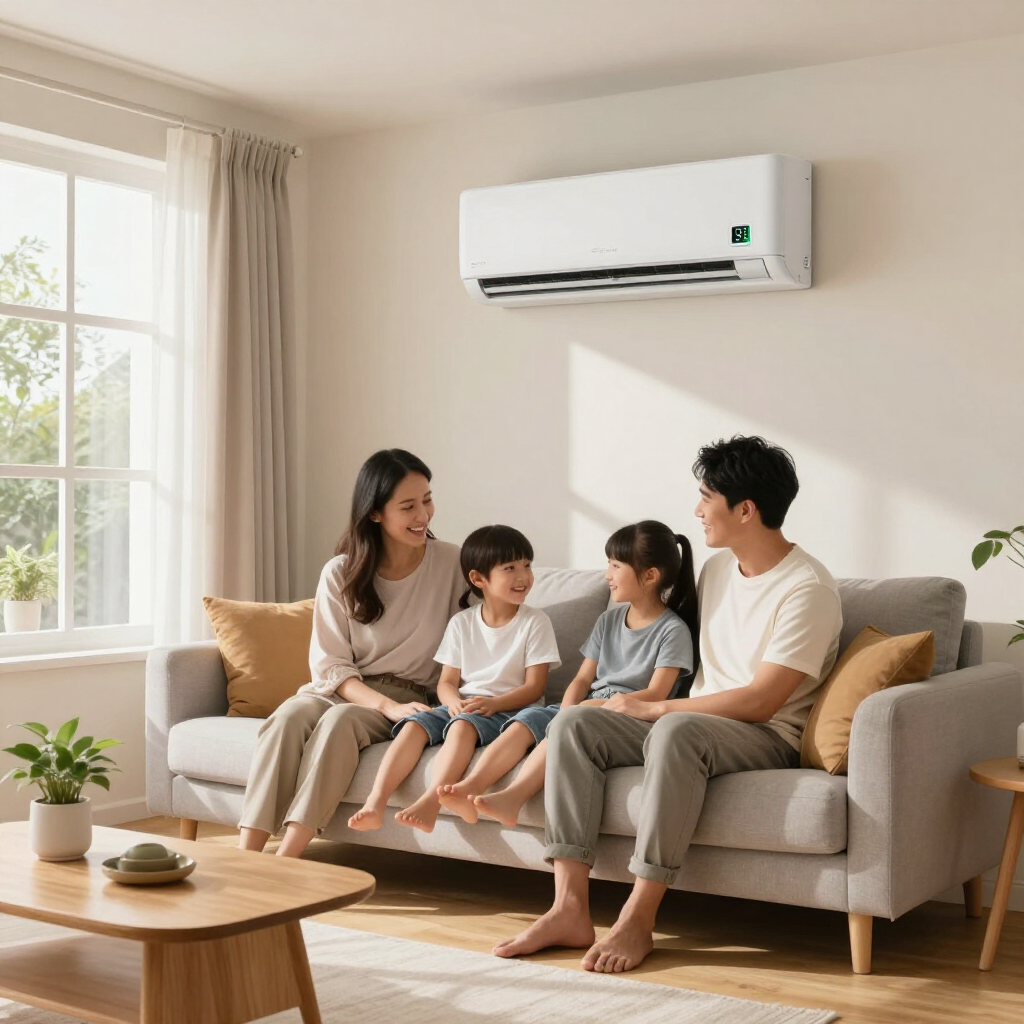 Family relaxing in a bright living room next to an energy-efficient air conditioning unit, showing comfort and savings